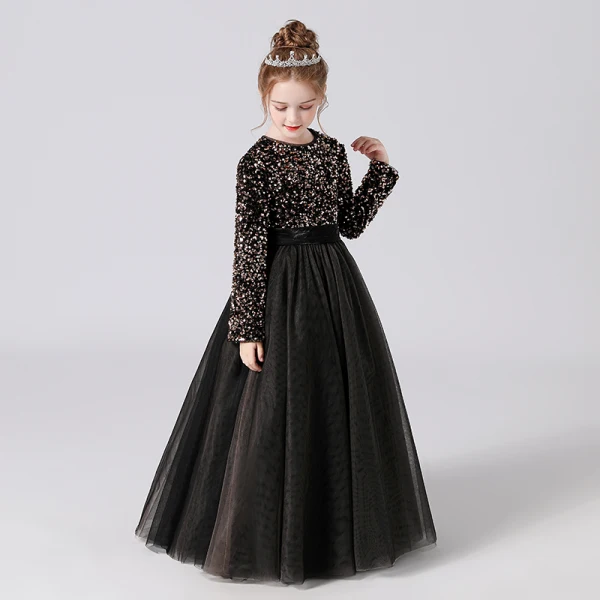 Chic / Beautiful Burgundy Sequins Birthday Flower Girl Dresses 2022 A-Line / Princess Scoop Neck Sash Bow Long Sleeve Floor-Length / Long Flower Girl Dresses