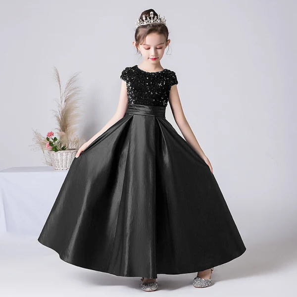 Chic / Beautiful Navy Blue Satin Sequins Birthday Flower Girl Dresses 2022 A-Line / Princess Scoop Neck Short Sleeve Bow Floor-Length / Long Flower Girl Dresses