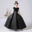 Chic / Beautiful Navy Blue Satin Sequins Birthday Flower Girl Dresses 2022 A-Line / Princess Scoop Neck Short Sleeve Bow Floor-Length / Long Flower Girl Dresses