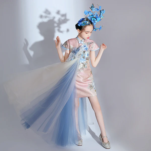 Chinese style Blushing Pink Sequins Embroidered Birthday Cheongsam / Qipao Flower Girl Dresses 2022 High Neck Short Sleeve Flower Girl Dresses Knee-Length Cheongsam