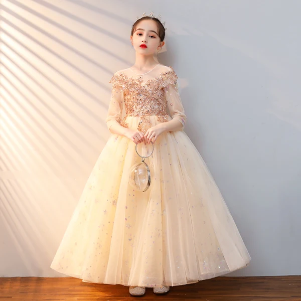 Chic / Beautiful Lilac Beading Sequins Birthday Flower Girl Dresses 2022 A-Line / Princess Scoop Neck 1/2 Sleeves Backless Floor-Length / Long Flower Girl Dresses