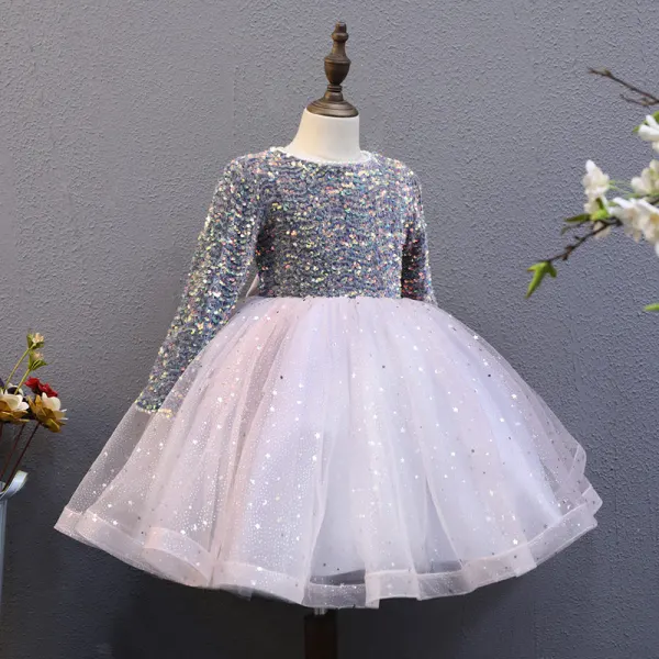 Sparkly Grey Sequins Birthday Flower Girl Dresses 2022 Ball Gown Scoop Neck Long Sleeve Bow Floor-Length / Long Flower Girl Dresses