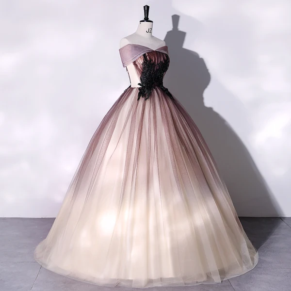 Élégant Dégradé De Couleur Champagne Robe De Bal 2022 Robe Boule Bustier En Dentelle Fleur Sans Manches Dos Nu Longue Robe De Ceremonie