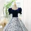 Elegant Navy Blue Printing Prom Dresses 2023 Ball Gown Square Neckline Short Sleeve Backless Floor-Length / Long Prom Formal Dresses