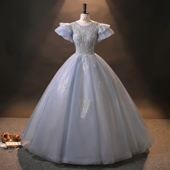 Vintage Retro Quinceañera Prom Dresses 2024 Sky Blue Crossed Straps Beading Pearl Tulle Cap Sleeves Ball Gown Formal Dresses