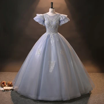 Vintage Quinceañera Galajurken 2024 Hemelsblauw Gekruiste Bandjes Kralen Parel Tule Kapmouwen Baljurk Gelegenheids Jurken