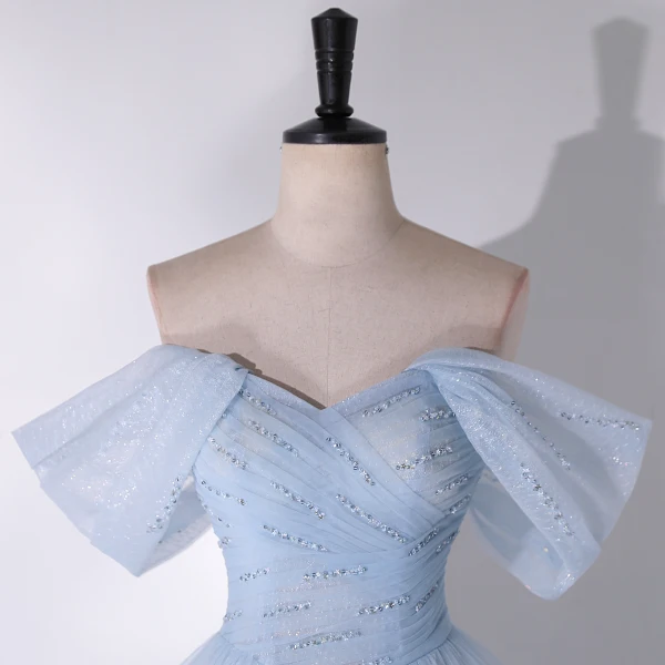 Chic / Beautiful Sky Blue Flower Glitter Sequins Prom Dresses 2024 A-Line / Princess Off-The-Shoulder Sleeveless Backless Floor-Length / Long Prom Formal Dresses