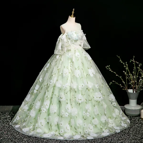 Elegant Sage Green Lace Flower Appliques Prom Dresses 2025 Ball Gown Scoop Neck Short Sleeve Backless Floor-Length / Long Prom Formal Dresses