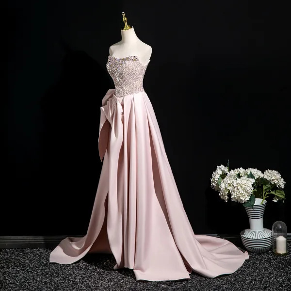 Sexy Rosa Perlenstickerei Strass Pailletten Abendkleider 2025 A Linie Bandeau Ärmellos Rückenfreies Gespaltete Front Sweep / Pinsel Zug Abend Festliche Kleider