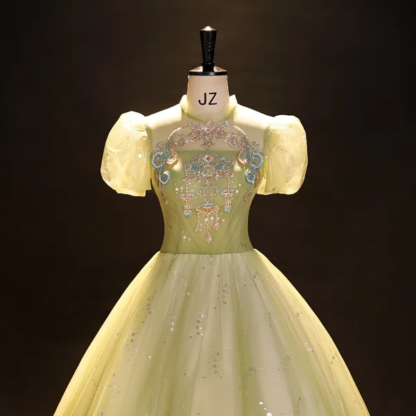 Elegant Sage Green Beading Pearl Sequins Prom Dresses 2023 Ball Gown High Neck Puffy Short Sleeve Backless Floor-Length / Long Prom Formal Dresses