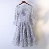 Elegant Formal Dresses Evening Dresses  2017 Silver Lace Flower 3/4 Sleeve Scoop Neck Tea-length A-Line / Princess