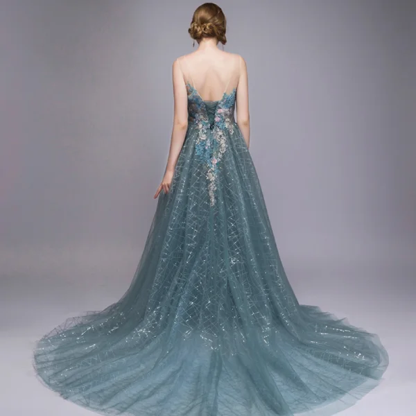 Scintillantes Bleu D'encre Robe De Soirée 2018 Princesse Transparentes Perlage Paillettes Perle En Dentelle Appliques Encolure Dégagée Sans Manches Dos Nu Tribunal Train Robe De Ceremonie