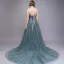 Scintillantes Bleu D'encre Robe De Soirée 2018 Princesse Transparentes Perlage Paillettes Perle En Dentelle Appliques Encolure Dégagée Sans Manches Dos Nu Tribunal Train Robe De Ceremonie