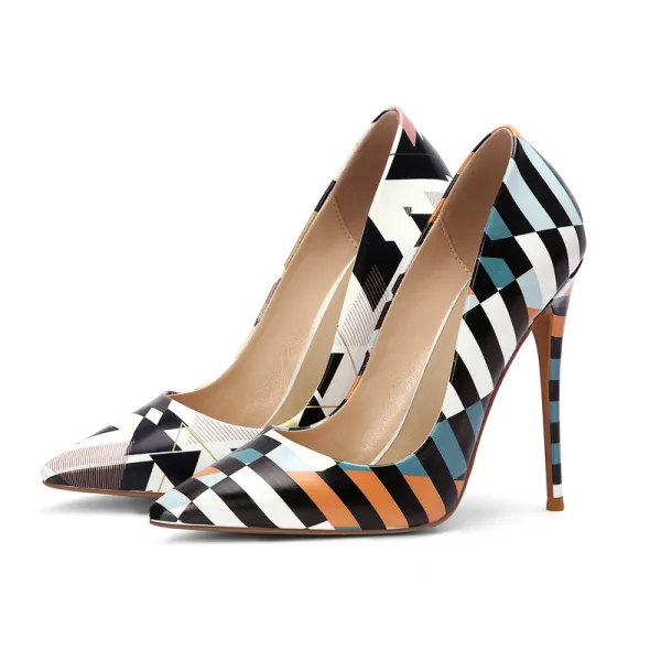 Schöne Multifarben Strassenmode Pumps 2020 Gestreift Gekritzel 12 cm Stilettos Spitzschuh Pumps