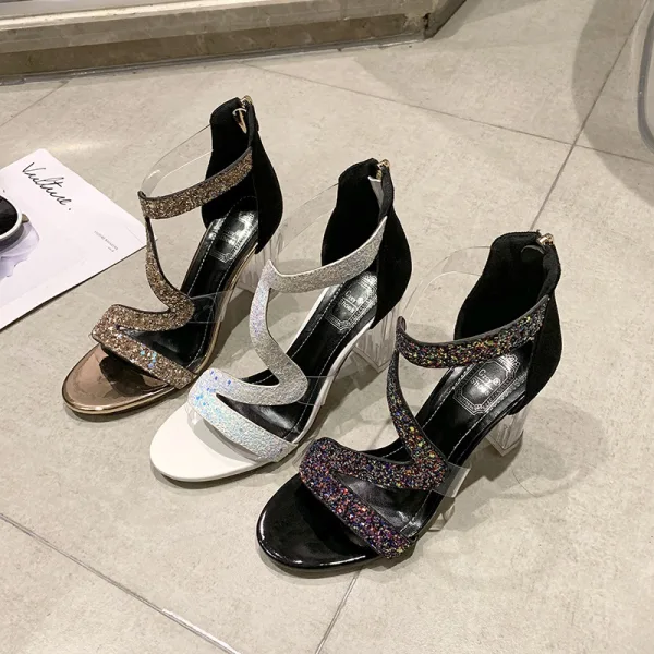 Charming Champagne Street Wear Sequins Womens Sandals 2020 X-Strap 8 cm Stiletto Heels Open / Peep Toe Sandals