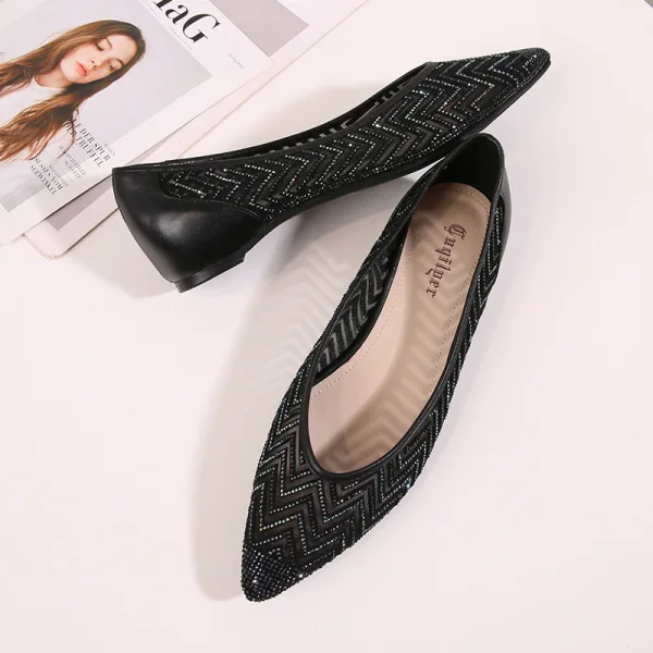Chic / Belle Noire Désinvolte Plat Chaussures Femmes 2020 Cuir Faux Diamant À Bout Pointu