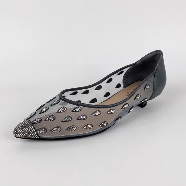 Charming Beige Street Wear Leather Pumps 2020 Pierced Rhinestone 3 cm Stiletto Heels Pointed Toe Low Heel Pumps