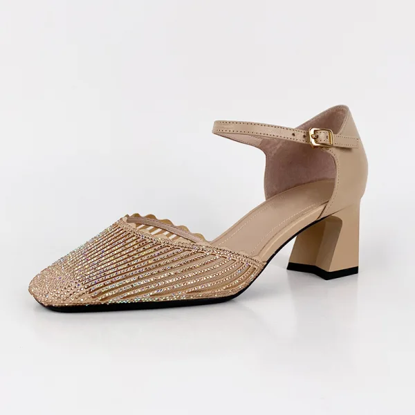 Chic / Beautiful Black Street Wear Womens Sandals 2020 Leather Rhinestone Ankle Strap 8 cm Thick Heels Square Toe Sandals