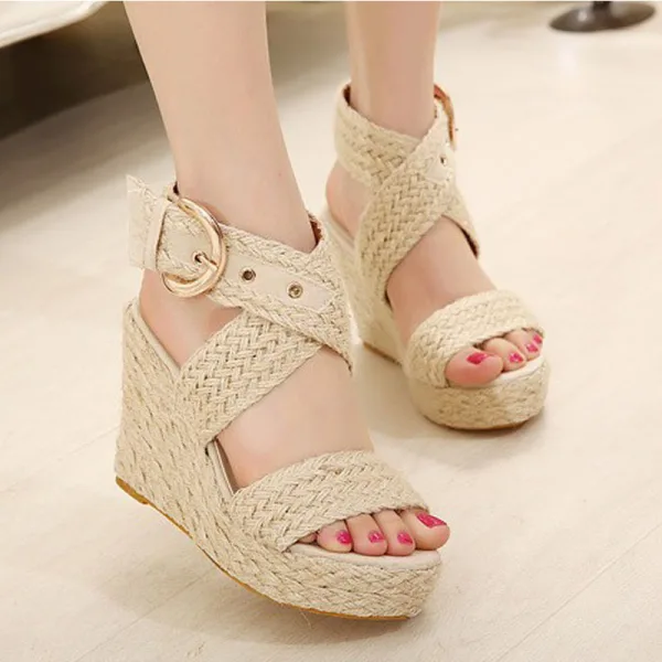 Roman Brown Street Wear Braid Womens Sandals 2020 Ankle Strap 10 cm Wedges Open / Peep Toe Sandals
