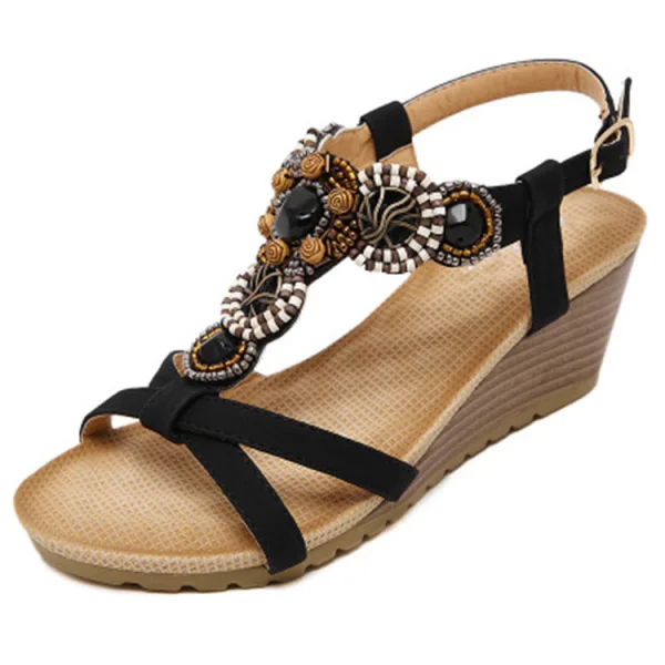 Beige Plage PU Tomber Printemps Été Perlage Compensées 6 cm Sandales 6 cm Peep Toes / Bout Ouvert Bohême 2020 Sandales Femme