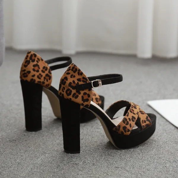 Chic / Beautiful Brown Street Wear Leopard Print Womens Sandals 2020 Suede Ankle Strap 11 cm Thick Heels Open / Peep Toe Sandals