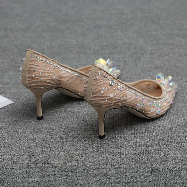 Charmant Beige Abend Spitze Pumps 2020 Strass 7 cm Stilettos Spitzschuh Pumps