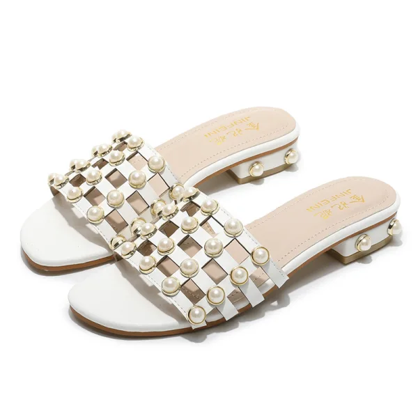 Mooie / Prachtige Zwarte Toevallig Platte Pantoffel & Slippers 2020 Parel Peep Toe Damesschoenen
