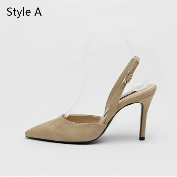 Schlicht Beige Büro OL Slingpumps Sandalen Damen 2020 Wildleder 8 cm Stilettos Spitzschuh Sandaletten