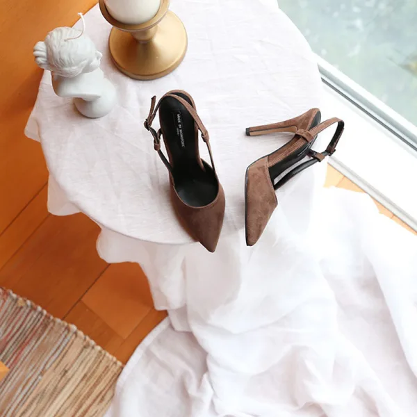 Schlicht Beige Büro OL Slingpumps Sandalen Damen 2020 Wildleder 10 cm Stilettos Spitzschuh Sandaletten