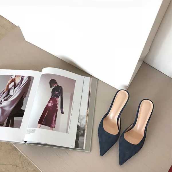 Modest / Simple Navy Blue Street Wear Suede Womens Sandals 2020 8 cm Stiletto Heels Pointed Toe Sandals