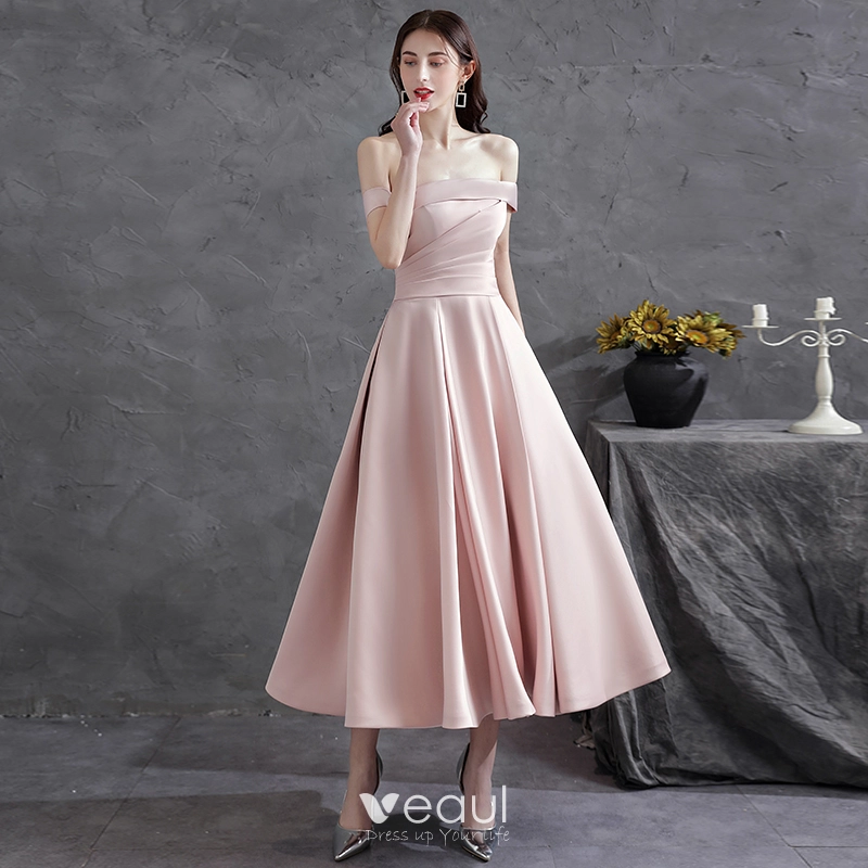For Wedding Pastel Color Formal Attire Outfit Off Shoulder Semi Formal Pastel  Color Dress Semi Formal