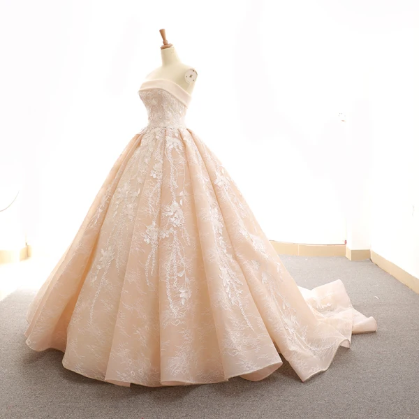 Elegant Champagne Wedding Dresses 2018 Ball Gown Lace Appliques Shoulders Backless Sleeveless Chapel Train Wedding