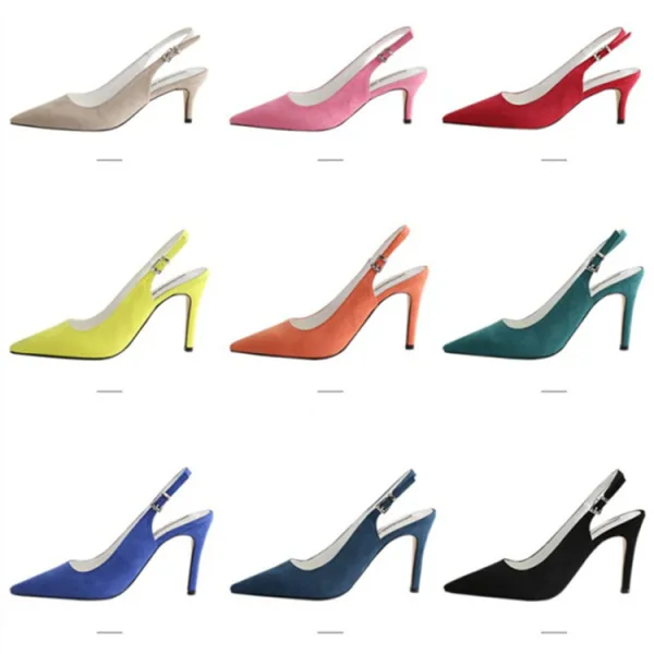 Simple Orange Désinvolte Été Slingbacks Sandales Femme 2020 Daim 10 cm Talons Aiguilles À Bout Pointu Sandales