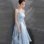 Chic / Beautiful Sky Blue Satin Homecoming Graduation Dresses 2021 A-Line / Princess Spaghetti Straps Sleeveless Backless Tea-length Formal Dresses