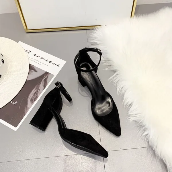 Sexy Brown Summer Street Wear Womens Sandals 2020 Suede Ankle Strap 8 cm Thick Heels Pointed Toe Sandals