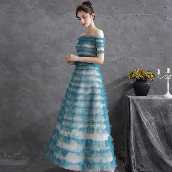 Chic / Beautiful Jade Green Glitter Ruffle Prom Dresses 2021 A-Line / Princess Off-The-Shoulder Short Sleeve Backless Floor-Length / Long Formal Dresses