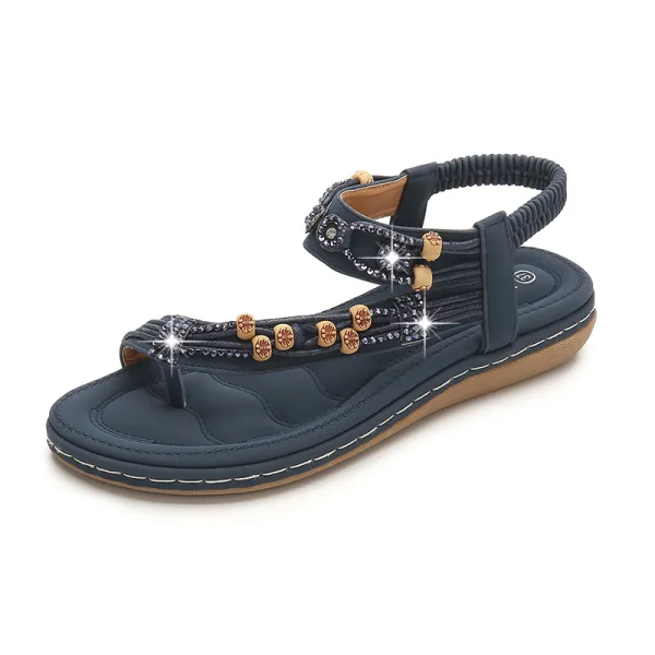 Cyganeria Granatowe Plaża Pantofle & Klapki 2020 Rhinestone Z Paskiem Peep Toe Płaskie Buty Damskie