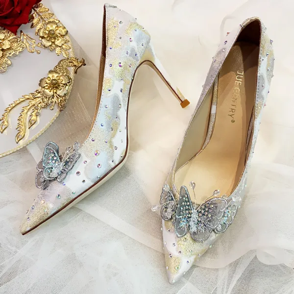 Charmant Ivory / Creme Schmetterling Brautschuhe 2020 Leder Strass 8 cm Stilettos Spitzschuh Hochzeit Pumps