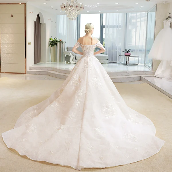 Luxury / Gorgeous Champagne Wedding Dresses 2018 Ball Gown Lace Flower Appliques Beading Sequins Off-The-Shoulder Backless Short Sleeve Cathedral Train Wedding