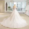Luxury / Gorgeous Champagne Wedding Dresses 2018 Ball Gown Lace Flower Appliques Beading Sequins Off-The-Shoulder Backless Short Sleeve Cathedral Train Wedding