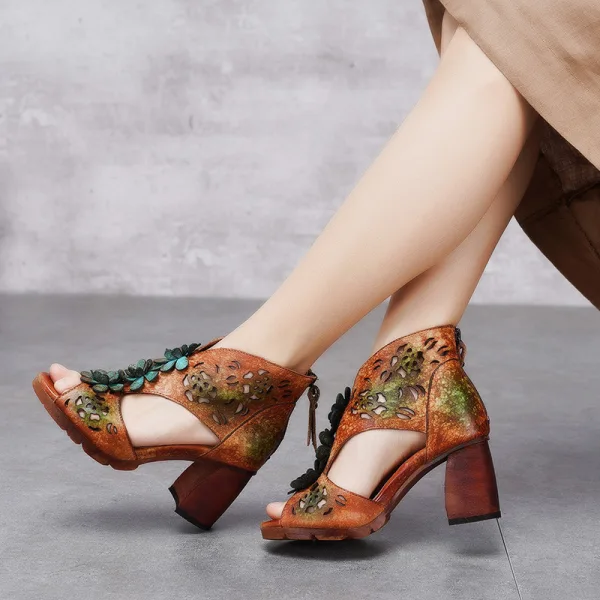 Traditional Brown Street Wear Womens Sandals 2020 Leather Flower 6 cm Thick Heels Open / Peep Toe Sandals