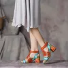 Traditionell Orange Strassenmode Leder Sandalen Damen 2020 5 cm Thick Heels Peeptoes Sandaletten