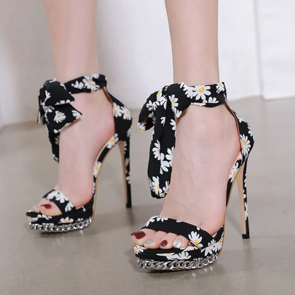 Fashion Black Prom Floral Womens Sandals 2020 Ankle Strap 14 cm Stiletto Heels Open / Peep Toe Sandals