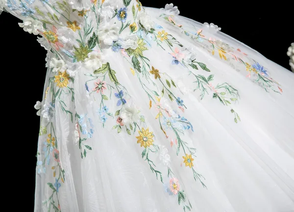 Fairytale Multi-Colors Lace Flower Appliques Pearl White Prom Dresses 2025 Ball Gown Off-The-Shoulder Short Sleeve Backless Floor-Length / Long Prom Formal Dresses