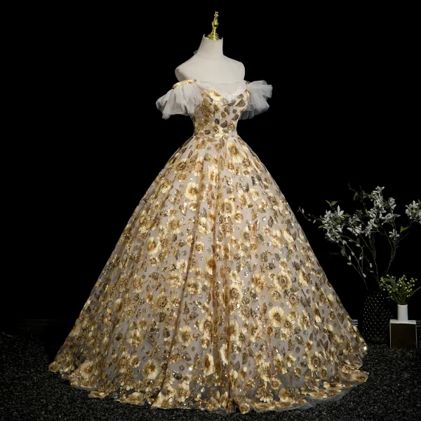 Flower Fairy Yellow Beading Sequins Lace Flower Floral Prom Dresses 2025 Ball Gown Spaghetti Straps Short Sleeve Backless Floor-Length / Long Formal Dresses