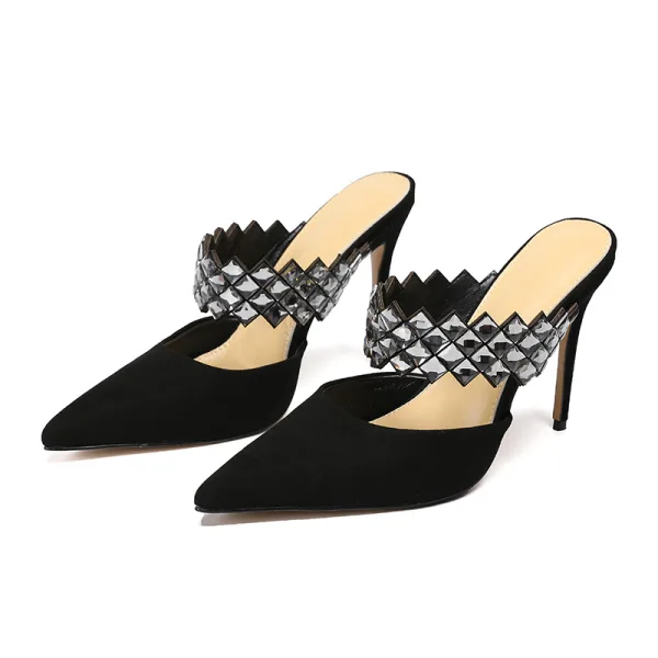 Fashion Summer Black Casual Suede Womens Sandals 2020 Leather Rhinestone 10 cm Stiletto Heels Pointed Toe Sandals