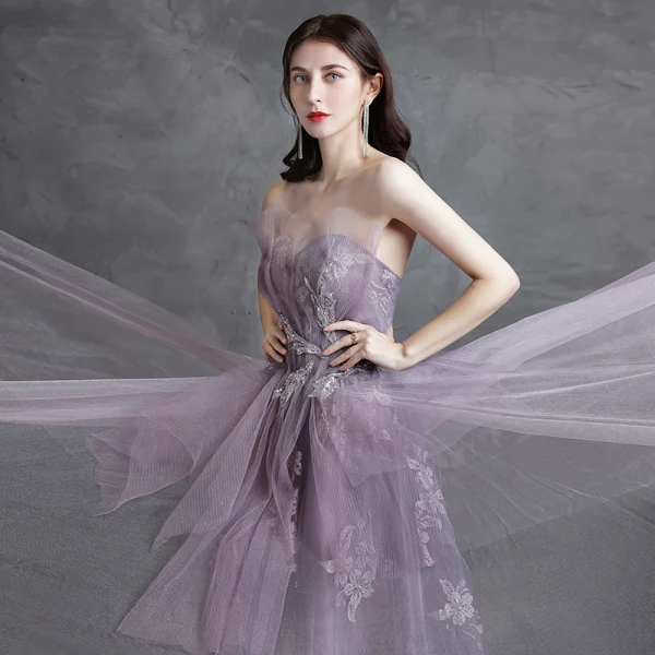 Chic / Beautiful Purple Prom Dresses Evening Dresses 2021 A-Line / Princess Strapless Sequins Lace Flower Sleeveless Backless Sweep Train Evening Party Formal Dresses