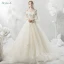 Elegant Champagne Wedding Dresses 2018 Ball Gown Lace Appliques Beading Pearl Off-The-Shoulder Backless Short Sleeve Cathedral Train Wedding