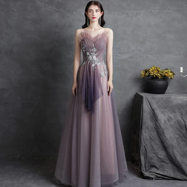 Charming Purple Lace Flower Evening Dresses Prom Dresses 2021 A-Line / Princess Ruffle Strapless Sequins Sleeveless Backless Floor-Length / Long Evening Party Prom Formal Dresses