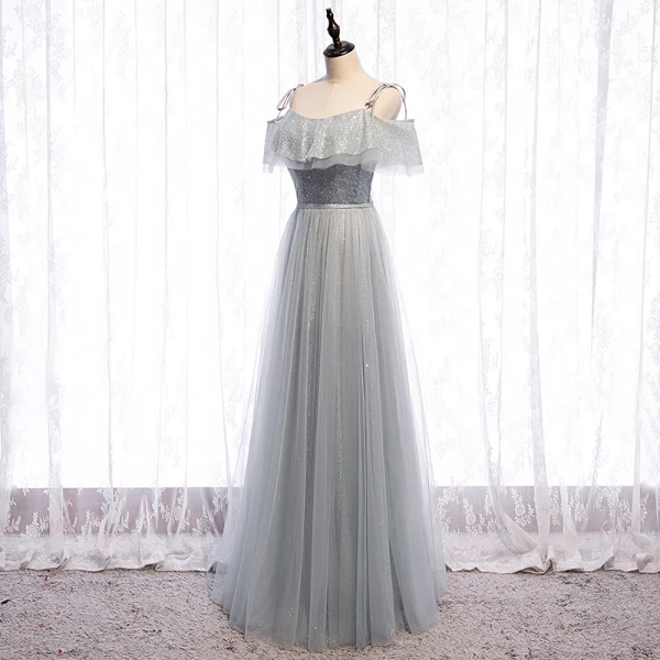 Scintillantes Argenté Gris Robe De Soirée 2020 Princesse Bretelles Spaghetti Paillettes Manches Courtes Dos Nu Longue Robe De Ceremonie